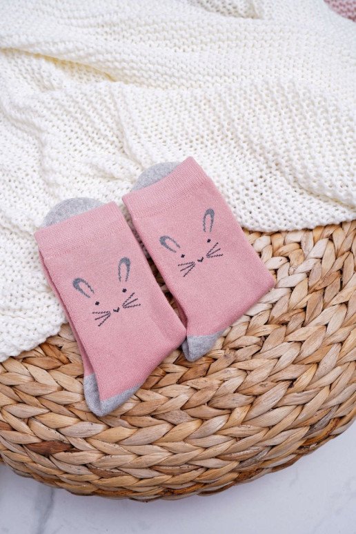 Moteriškos šiltos kojinės rožinės spalvos su triušiu