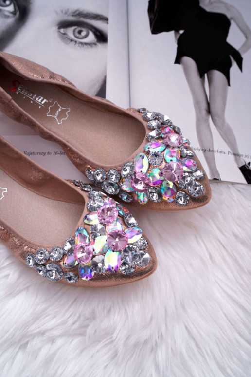 Odinės balerinos su akmenimis rožiniu auksiniu kristalu