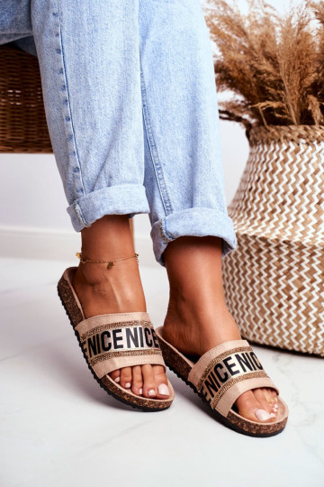 Šlepetės ant kamštinio pado su kubiniu cirkonio dioksido smėlio spalvos Be Nice 2