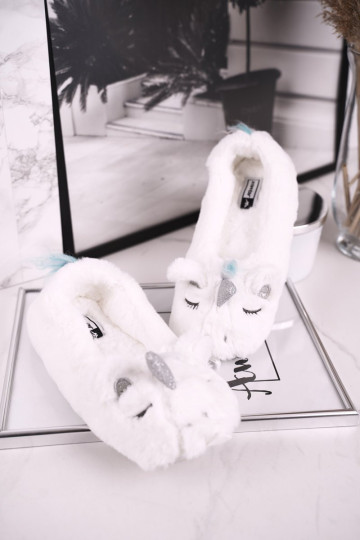 Moteriškos šlepetės su kailiu vienaragis balta vaivorykštė