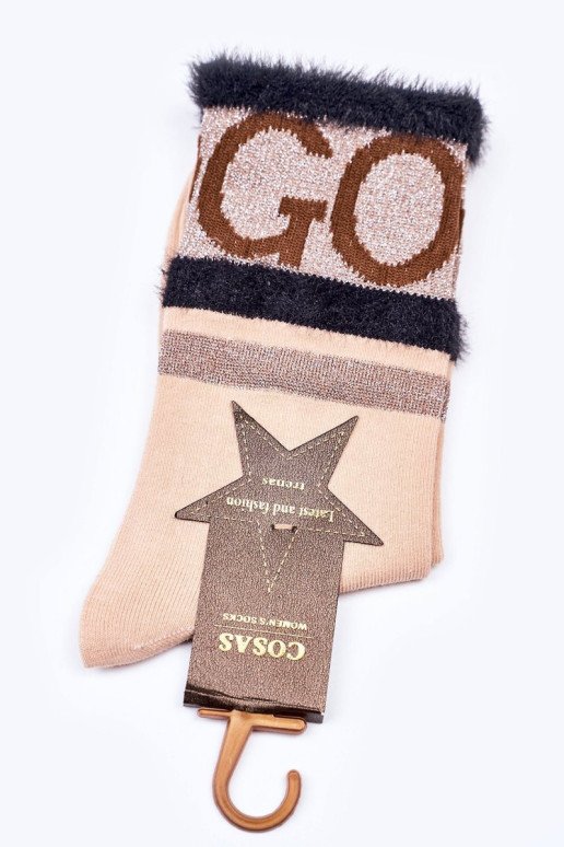 Moteriškos medvilninės kojinės GO-GO su kailiu COSAS smėlio spalvos