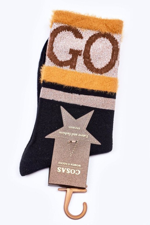 Moteriškos medvilninės kojinės GO-GO su kailiu COSAS juodos spalvos