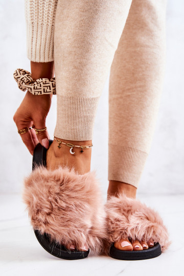 Šlepetės su kailiu guma Purvinas rožinis Pollie