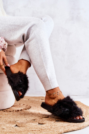 Šlepetės su kailiu guma Black Pollie