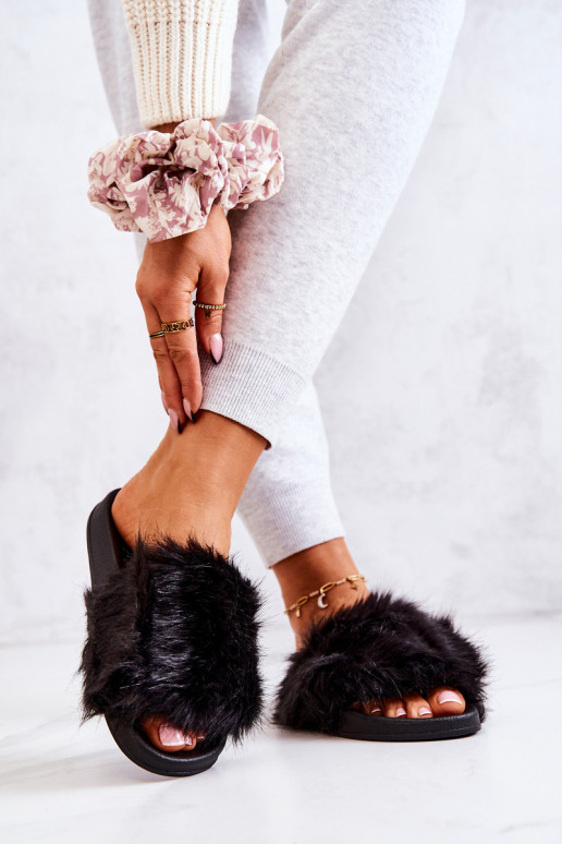 Šlepetės su kailiu guma Black Pollie