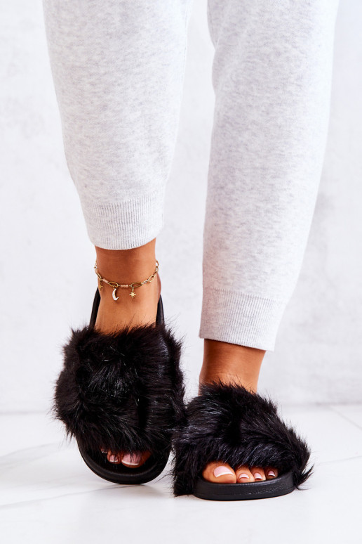 Šlepetės su kailiu guma Black Pollie