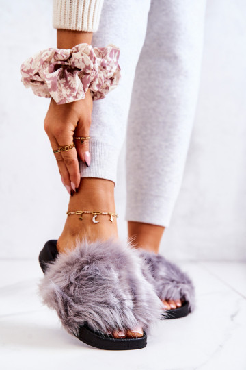 Šlepetės su kailiu guma Pilka Pollie