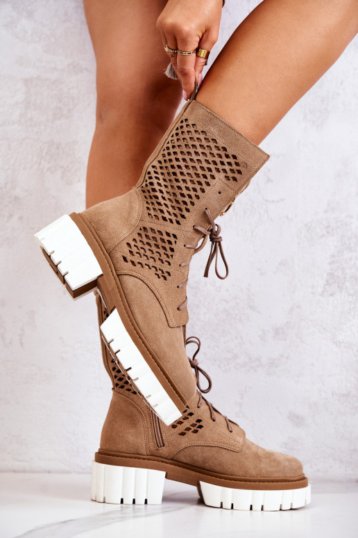 Odiniai aukšti batai darbininkams Nicole Light Brown 2706