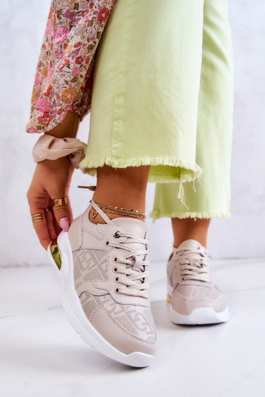 Odiniai moteriški sportbačiai su pleištais smėlio spalvos „Phines“.