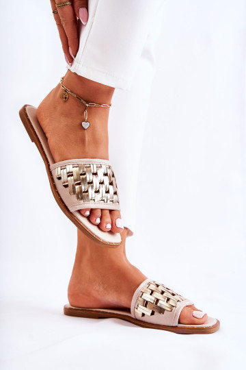 Moteriškos odinės šlepetės ant plokščio kulno smėlio spalvos Hollis