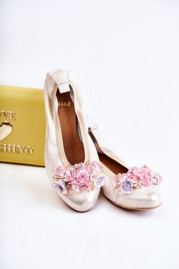 Moteriškos odinės balerinos su kristalais Nicole 2749 White-Gold