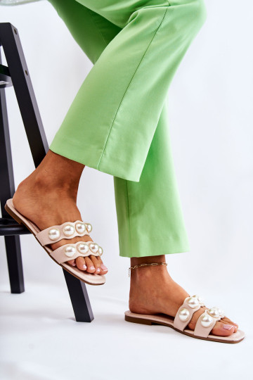 Moteriškos odinės šlepetės su dekoratyviniais perlais smėlio spalvos Lasello 2