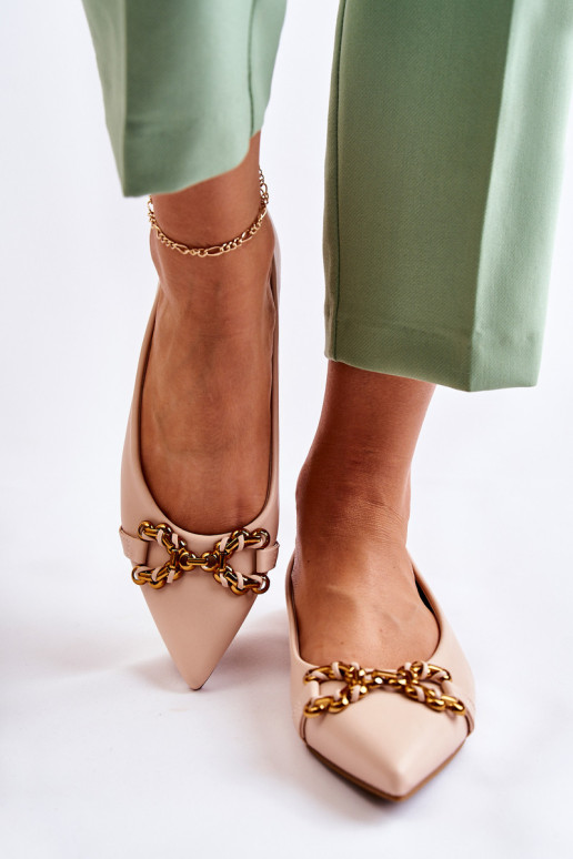 Moteriškos odinės balerinos špicais su dekoracija smėlio spalvos Carlos