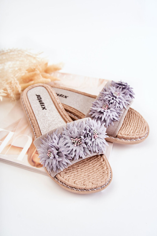 Moteriškos šlepetės su medžiaginėmis gėlėmis pilka Susana