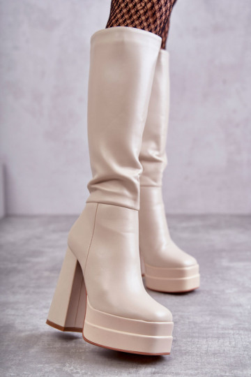 Madingi odiniai batai ant storų aukštakulnių smėlio spalvos Meggie 2