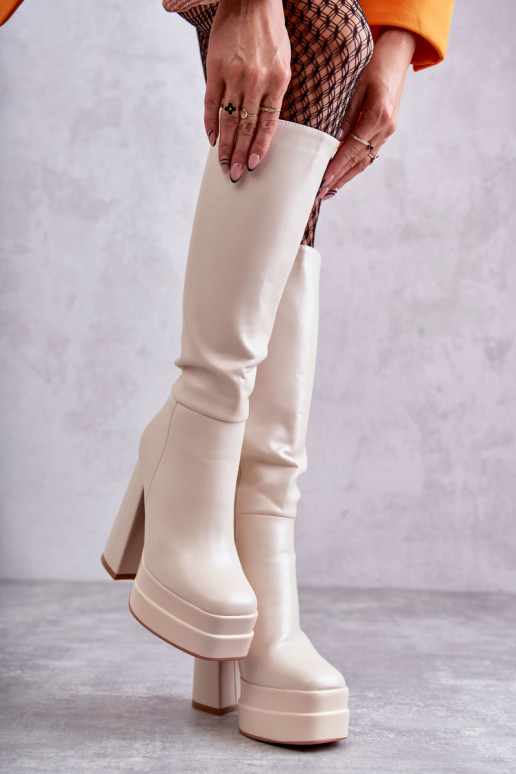 Madingi odiniai batai ant storų aukštakulnių smėlio spalvos Meggie