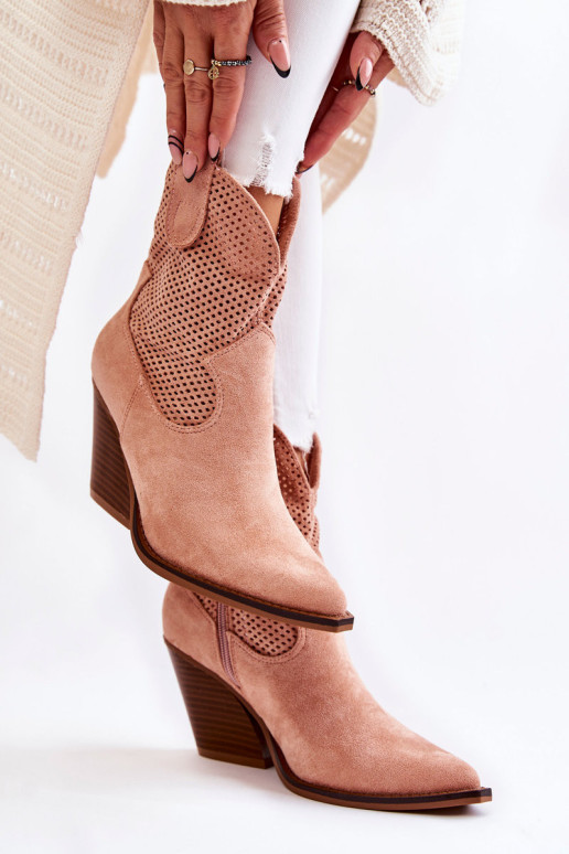 Moteriški zomšiniai ažūriniai kaubojų batai Eleonore rožiniai