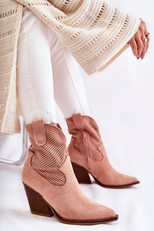 Moteriški zomšiniai ažūriniai kaubojų batai Eleonore rožiniai