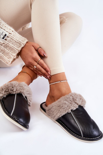 Moteriškos odinės šlepetės su kailiu Black Rossa