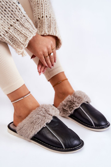 Moteriškos odinės šlepetės su kailiu Black Rossa 2