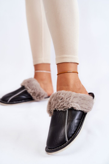 Moteriškos odinės šlepetės su kailiu Black Rossa