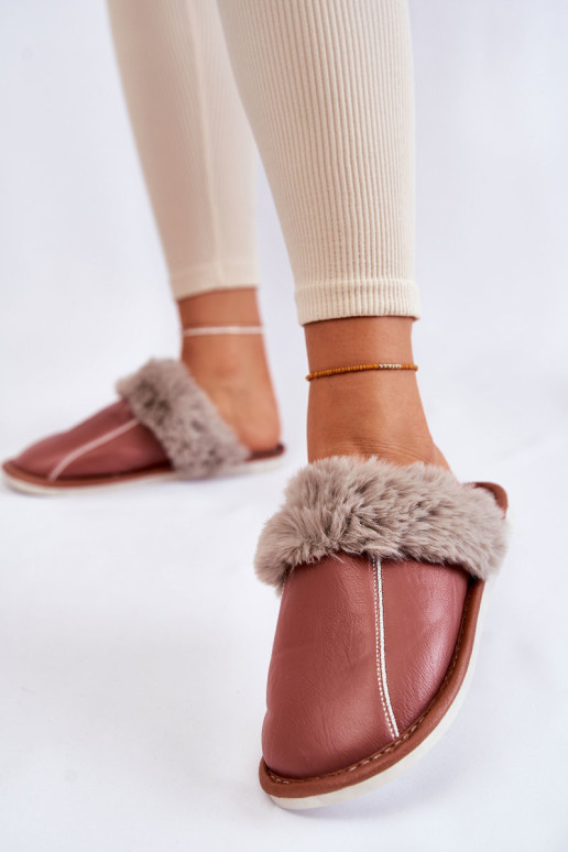 Moteriškos odinės šlepetės su kailiu Tamsiai rožinės spalvos Rossa