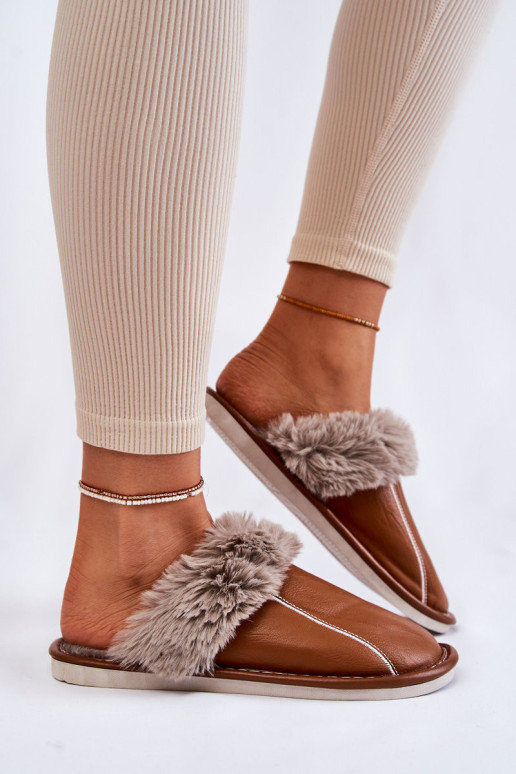 Moteriškos odinės šlepetės su kailiu Brown Rossa