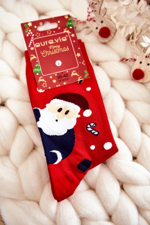 Vyriškos kalėdinės medvilninės kojinės su Kalėdų Seneliu ir šiaurės elnių raudonos spalvos