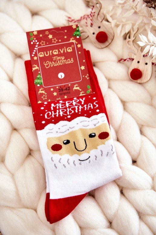 Vyriškos kalėdinės medvilninės kojinės su Kalėdų seneliu raudonos spalvos