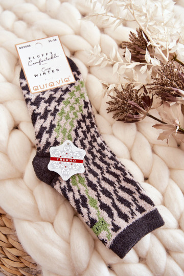 Moteriškos šiltos kojinės su vertikaliais pilkos ir žalios spalvos raštais