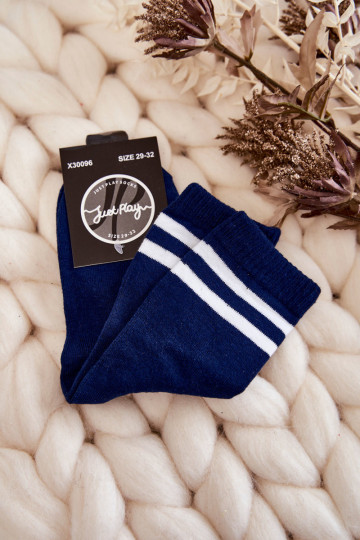 Jaunimo medvilninės sportinės kojinės su tamsiai mėlynomis juostelėmis