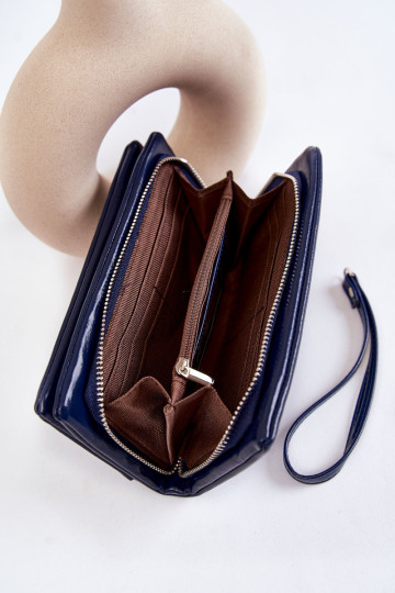 Didelė moteriška odinė piniginė su užtrauktuku Tamsiai mėlynos spalvos blizgesys 2