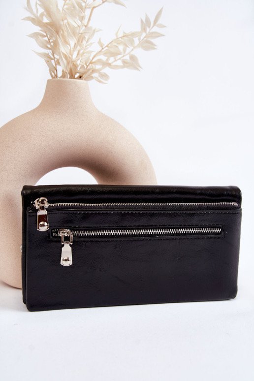Didelė moteriška odinė piniginė su užtrauktuku juodu blizgesiu