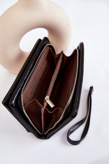 Didelė moteriška odinė piniginė su užtrauktuku juodu blizgesiu 2