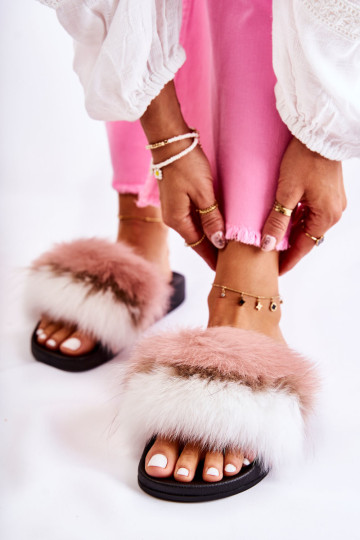 Šlepetės su natūraliu kailiu Baltos ir rožinės spalvos Naturis 2