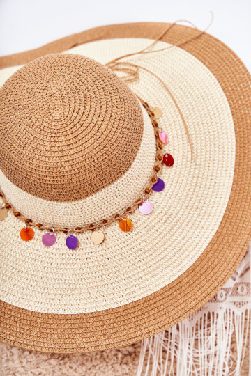 Šiaudinė kepurė su dekoratyvine juostele smėlio spalvos ruda Lanetta 2