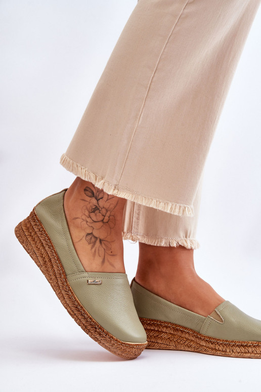 Moteriškos pleištinės odinės espadrilės žalios...