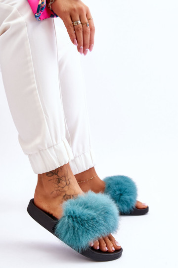 Moteriškos guminės šlepetės su kailiu turquoise Lucrece