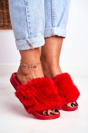 Guminės šlepetės su ekologiniu kailiu raudonu jautrumu