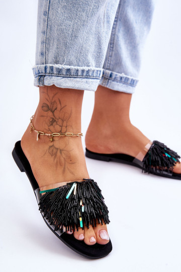 Moteriškos šlepetės su madingomis dekoracijomis S.Barski KV-576-4 Juodos