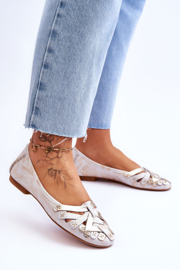 Klasikinės odinės moteriškos balerinos Maciejka 01358-22 Smėlio ir aukso spalvos