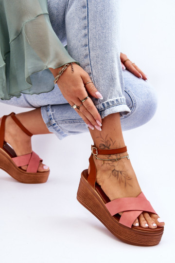 Patogūs moteriški sandalai su pleištiniais ruda-rožinės spalvos Laurie