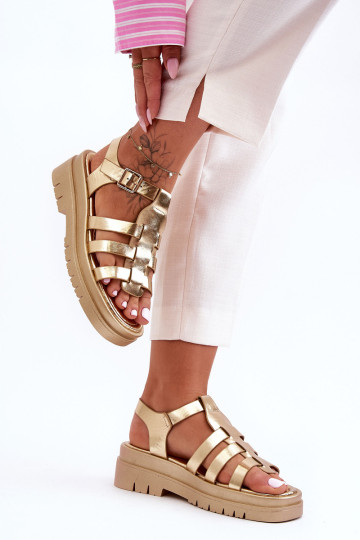 Odinės plokščios basutės su dirželiais aukso spalvos Diosa