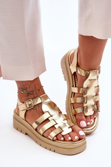 Odinės plokščios basutės su dirželiais aukso spalvos Diosa