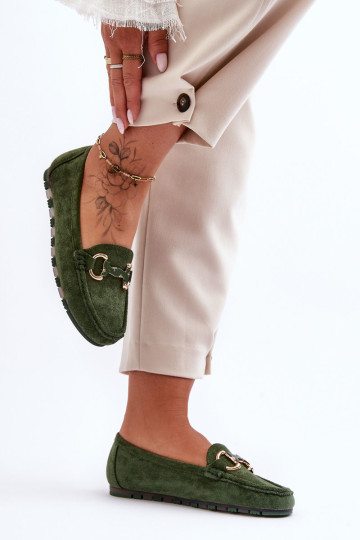 Moteriški zomšiniai mokasinai su ornamentu žalia Dionira 2