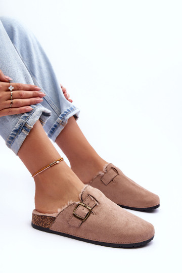 Moteriškos zomšinės šlepetės su dirbtiniu kailiu smėlio... 2