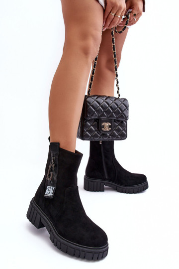 Moteriški masyvūs zomšiniai batai plokščiu kulnu, juodi... 2