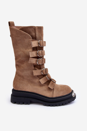 Aukšti batai su petnešėlėmis Suede Workery Beige Elnatea