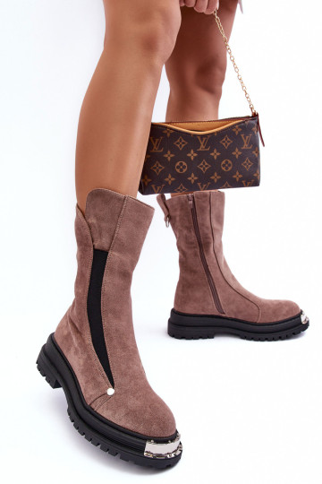 Moteriški dirbtiniai zomšiniai paminkštinti plokščiakulniai batai tamsiai smėlio spalvos Palimra