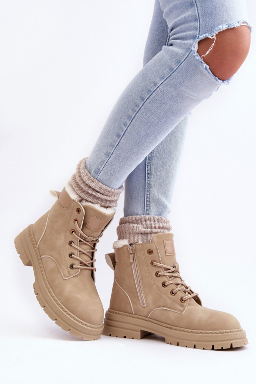 Moteriški dygsniuoti kailiniai batai smėlio...